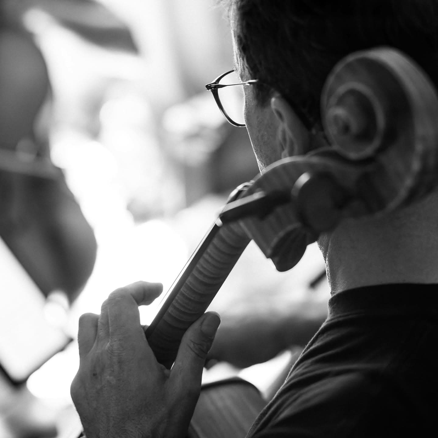 Un musicien de l'Ensemble Dionysos, violoncelle à l'épaule, entre deux morceaux