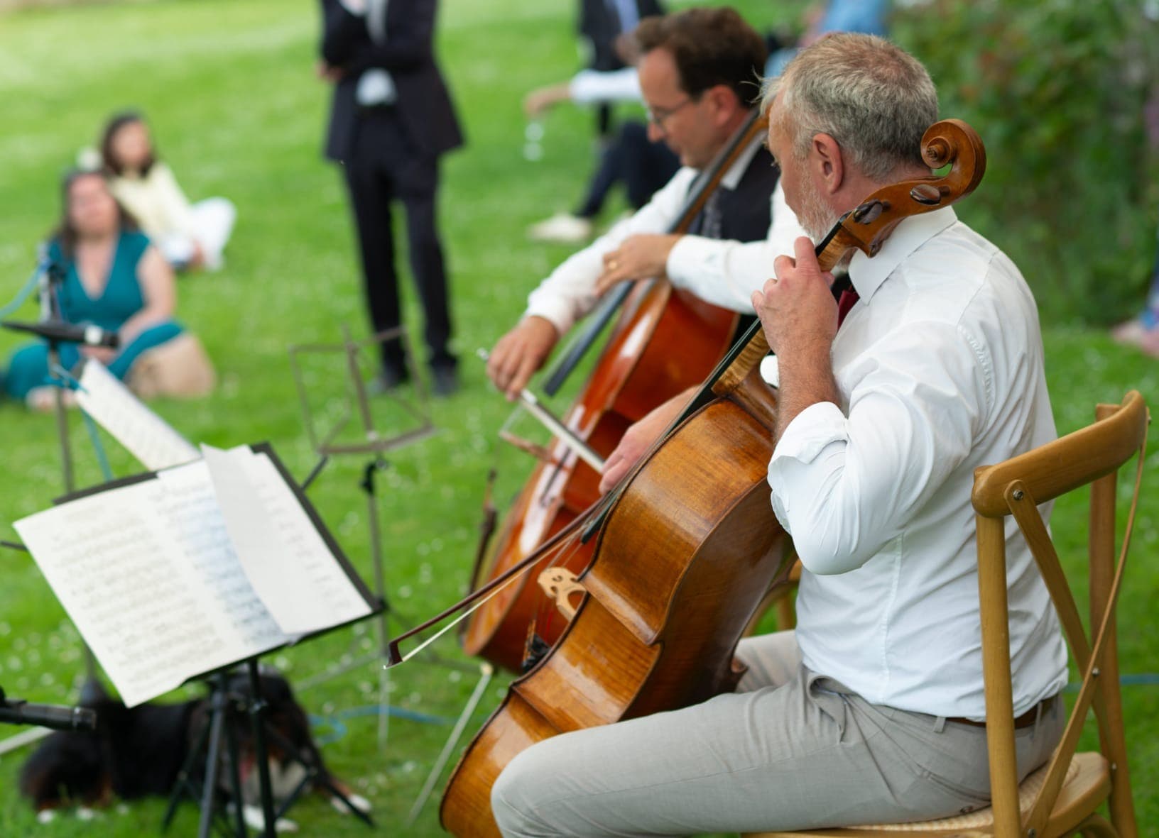 Deux violoncellistes jouent en plein air, entourés d'invités sur la pelouse